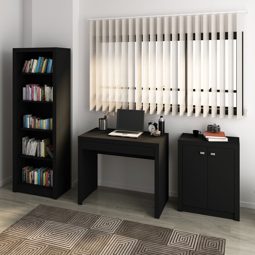 Conjunto de Escritório com Balcão  2 Portas , Estante com 5 Prateleiras e Mesa com 1 Gaveta MDP Preto Tecnomobili
