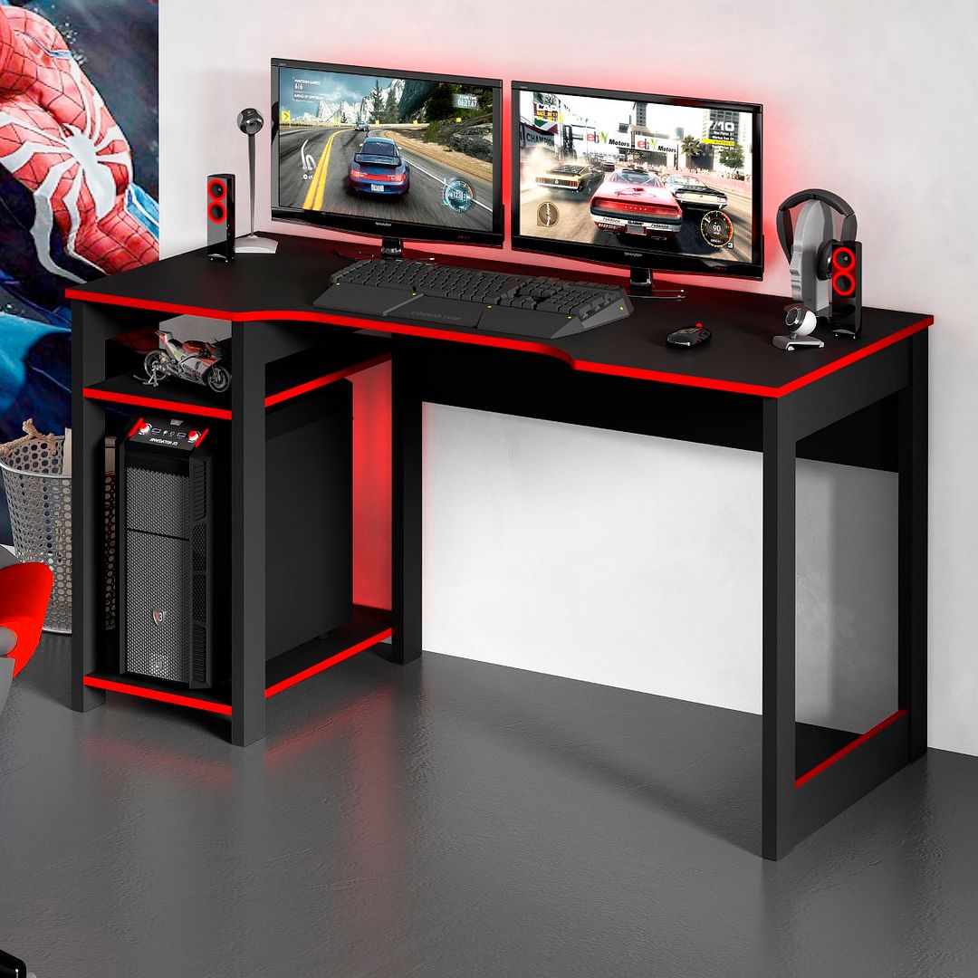 Mesa Gamer 136cm com 2 Prateleiras e Porta CPU Nicho Aberto MDP Preto/Vermelho Tecnomobili