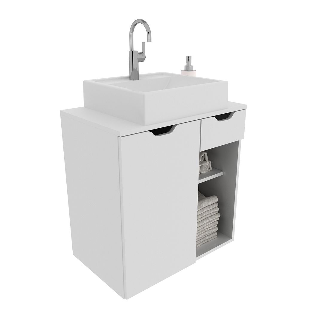 Conjunto de Banheiro com Balcão Gabinete Suspenso 1 Gaveta e Espelho Suspenso 3 Prateleiras MDP Branco Tecnomobili