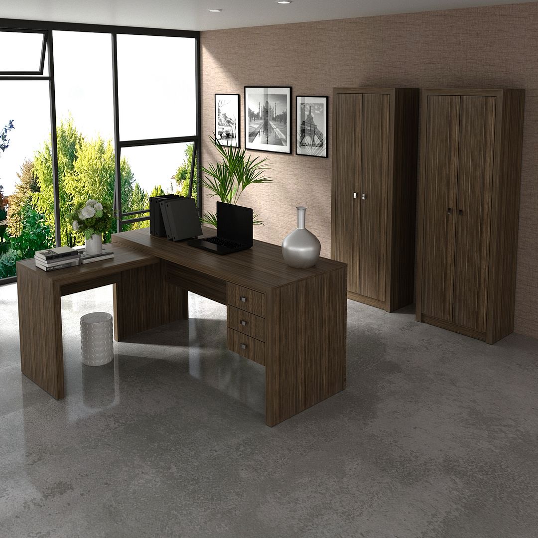 Conjunto de Escritório com 2 Armários 2 Portas 5 Prateleiras e Mesa com Apoio Lateral 3 Gavetas MDP Nogal Tecnomobili