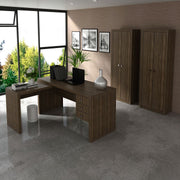 Conjunto de Escritório com 2 Armários 2 Portas 5 Prateleiras e Mesa com Apoio Lateral 3 Gavetas MDP Nogal Tecnomobili