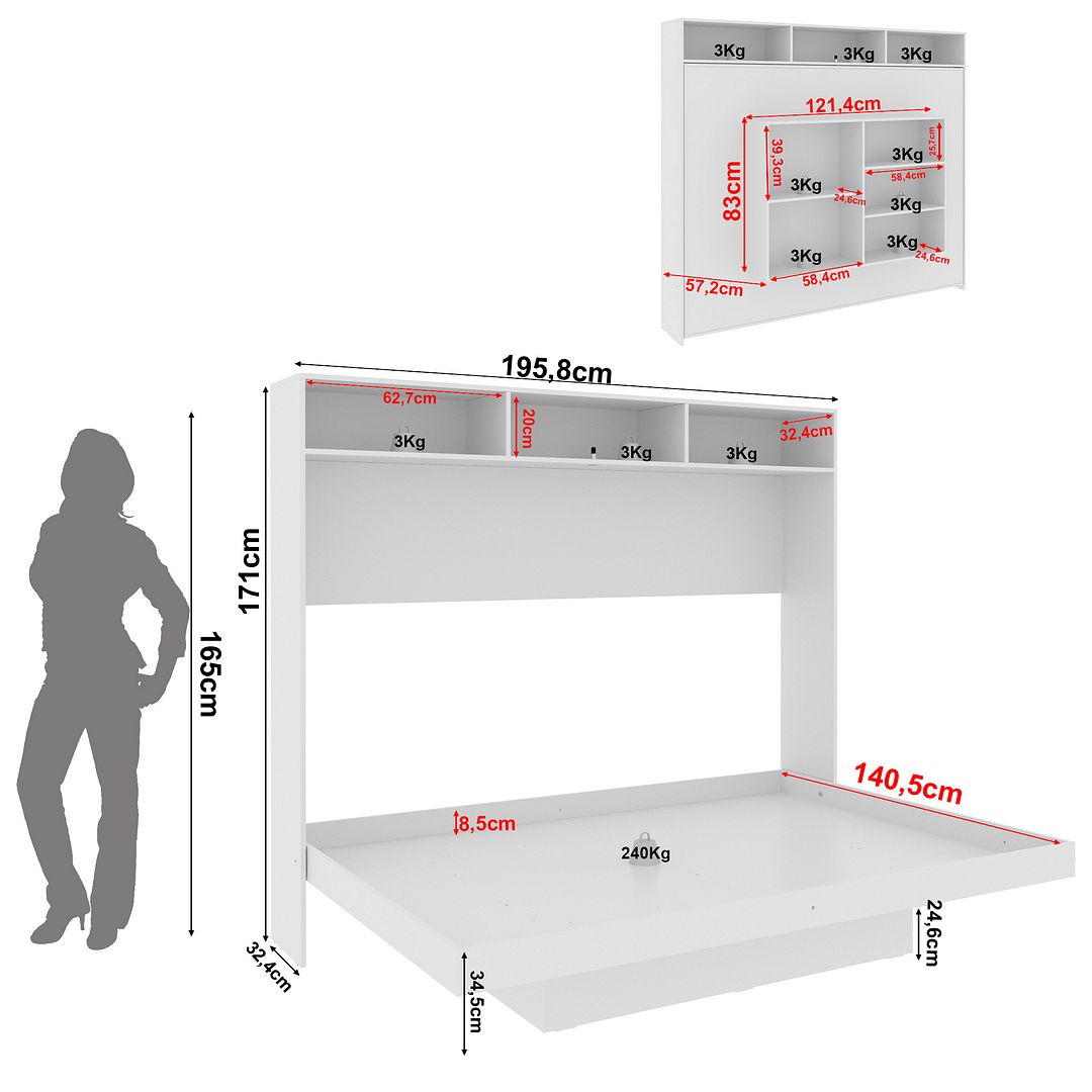 Cama Articulada Horizontal Casal de Parede com Nichos e Prateleiras MDP Branco Até 240kg Tecnomobili