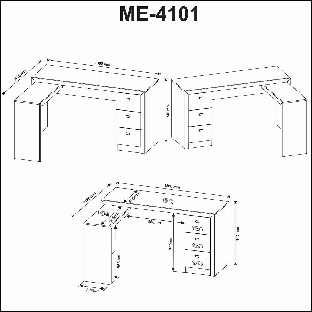 Mesa para Escritório com Apoio Lateral e 3 Gavetas MDP Branco Tecnomobili