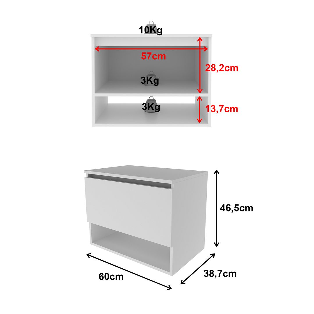 Balcão Gabinete para Banheiro Suspenso 60cm com 1 Porta MDP Branco Tecnomobili