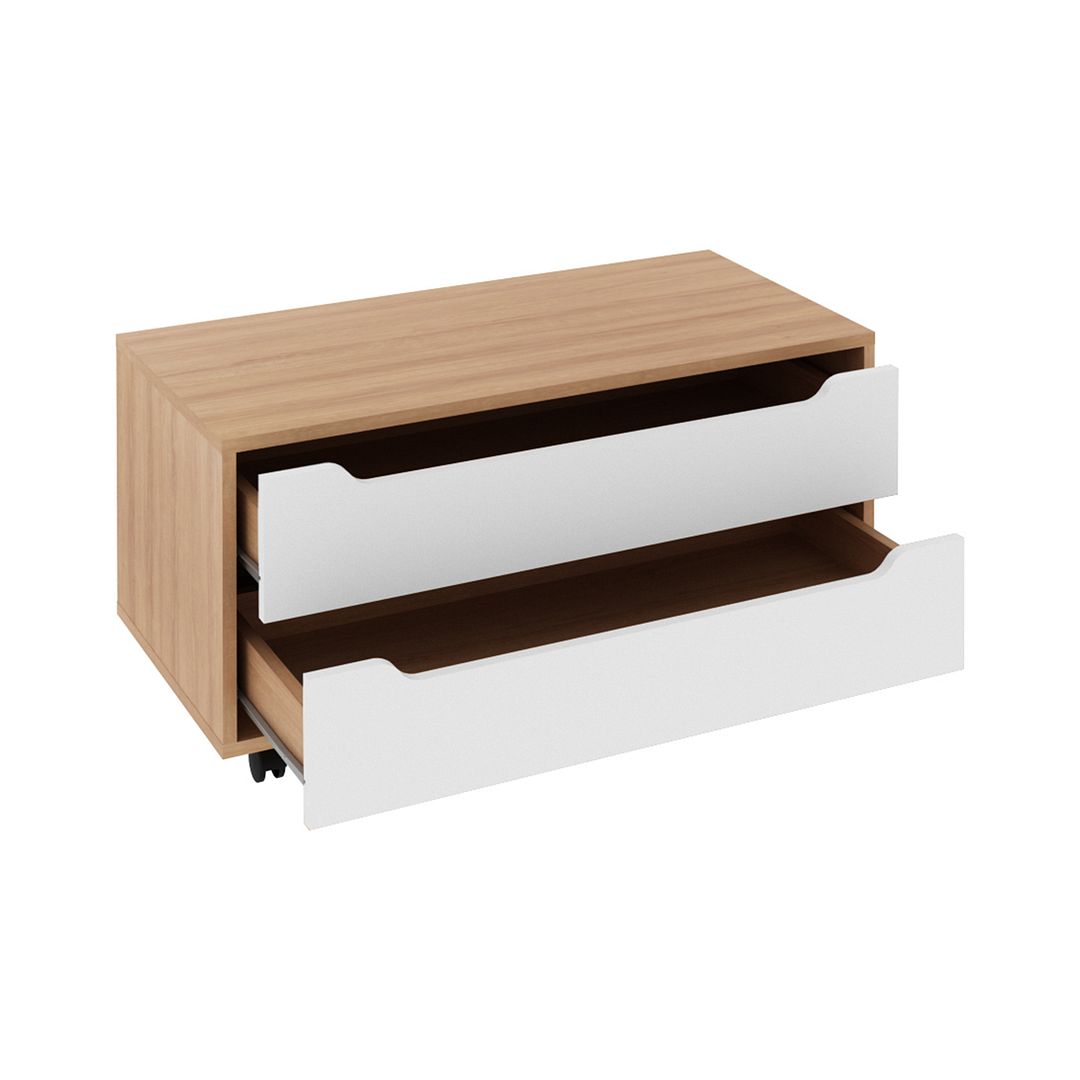 Balcão Gabinete para Banheiro com 2 Gavetas MDP Amêndoa/Branco 4 Pés Rodízios Tecnomobili