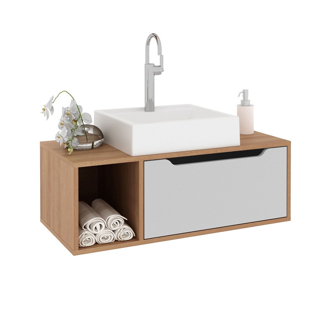 Balcão Gabinete para Banheiro Suspenso 80cm com 1 Porta e Nicho MDP Amêndoa/Branco Tecnomobili