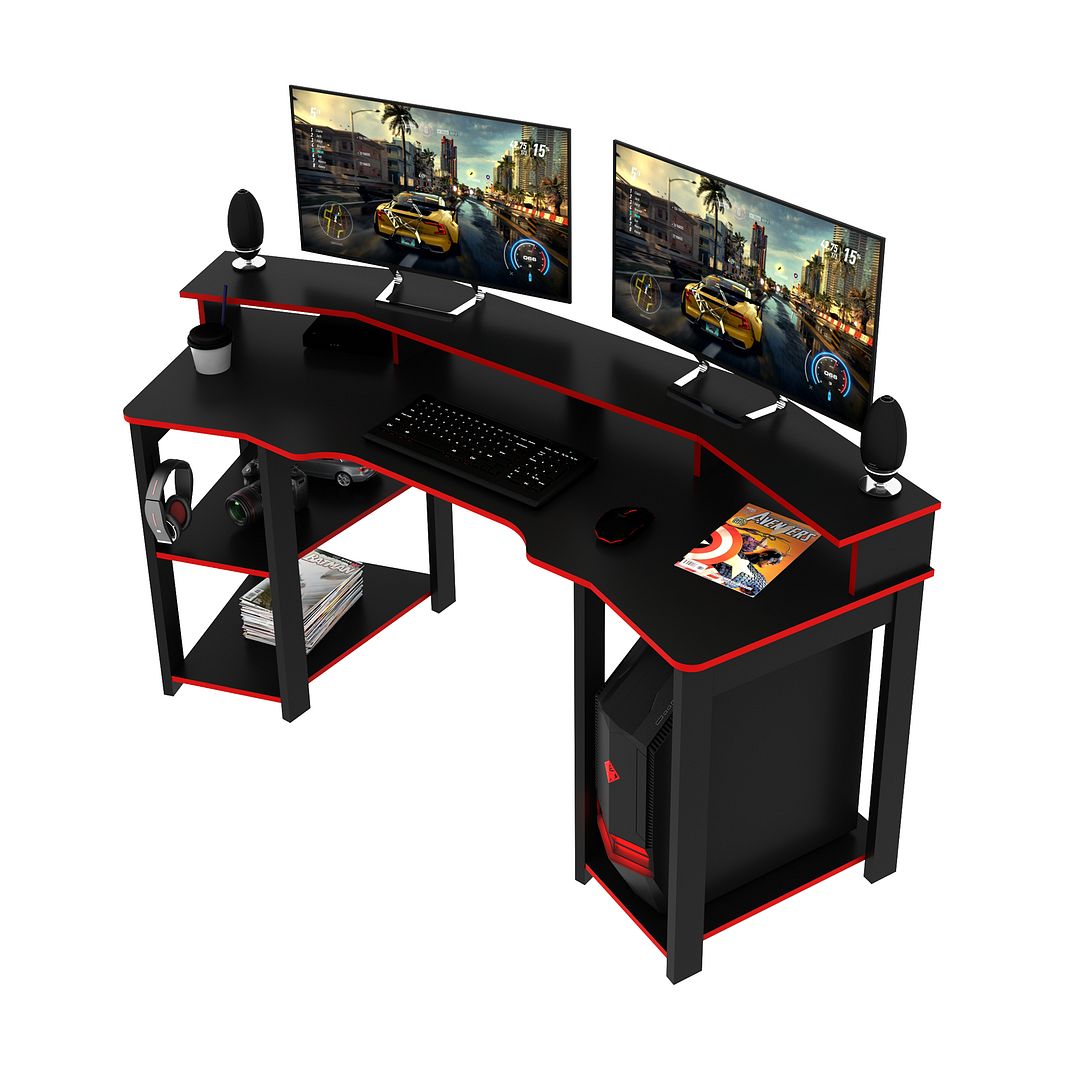 Mesa Gamer Cockpit Para 2 Monitores Porta CPU com Nicho Aberto MDP Preto/Vermelho Tecnomobili