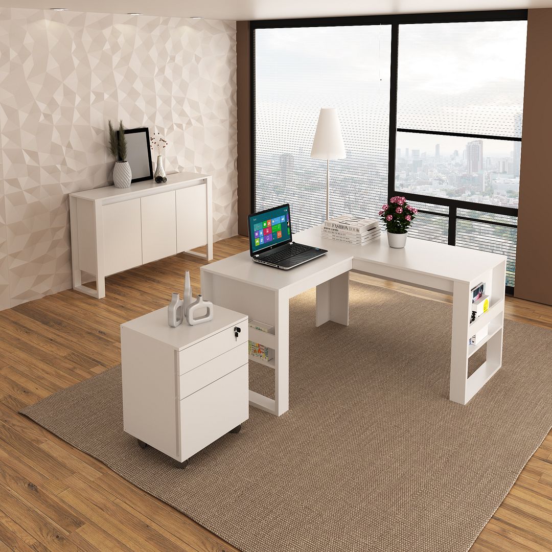 Conjunto de Escritório com Balcão 3 portas, Gaveteiros e Mesa 136cm em L com Detalhe Ripado MDP Branco Tecnomobili