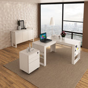 Conjunto de Escritório com Balcão 3 portas, Gaveteiros e Mesa 136cm em L com Detalhe Ripado MDP Branco Tecnomobili