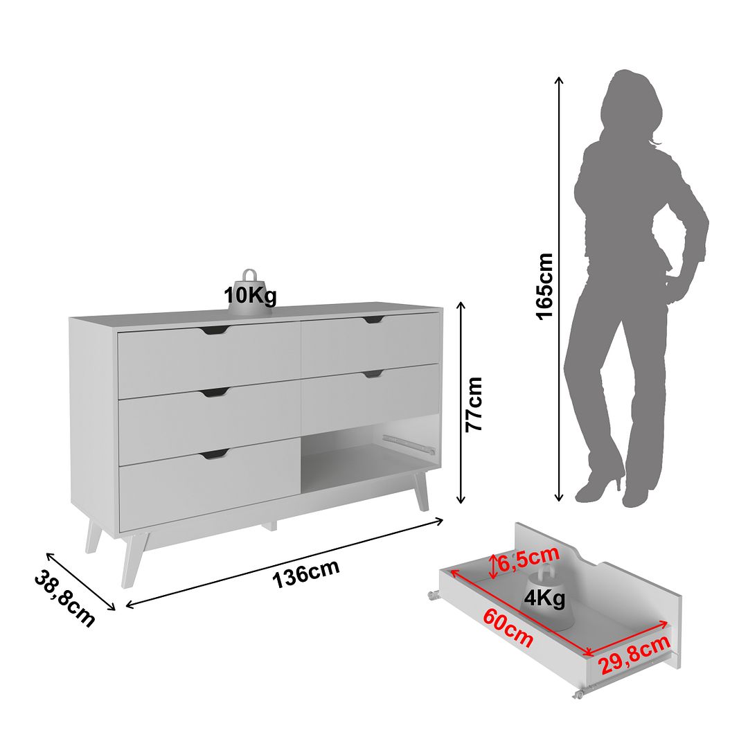 Cômoda Quarto com 6 Gavetas 136cm MDP Branco Tecnomobili