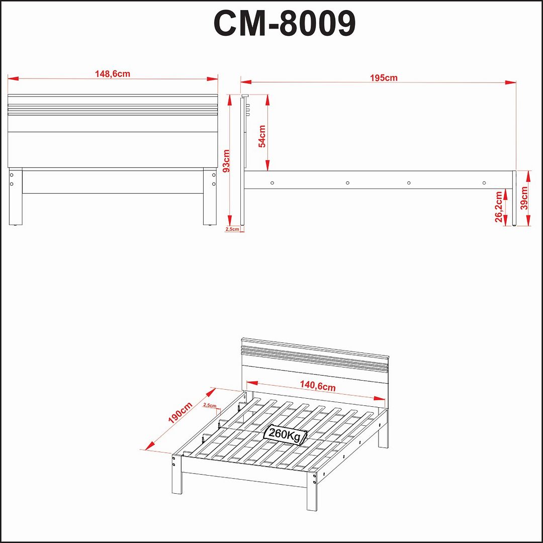 Cama de Casal Tradicional 138x188cm MDP Nogal/Branco Até 260kg Tecnomobili
