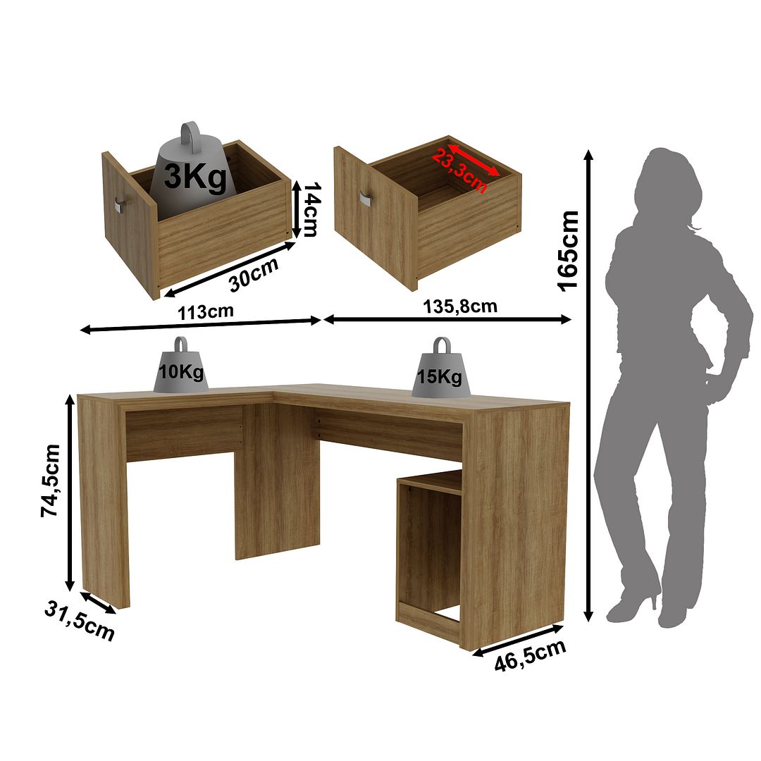 Conjunto de Escritório com Estante, Armário, Mesa 138,5cm Formato em L e Balcão  2 Portas MDP Amêndoa Tecnomobili