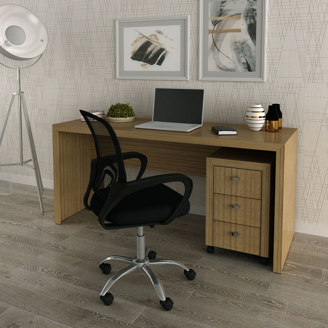 Conjunto de Escritório com Gaveteiro com Rodinhas 3 Gavetas e Mesa para Escritório 163cm MDP Amêndoa Tecnomobili