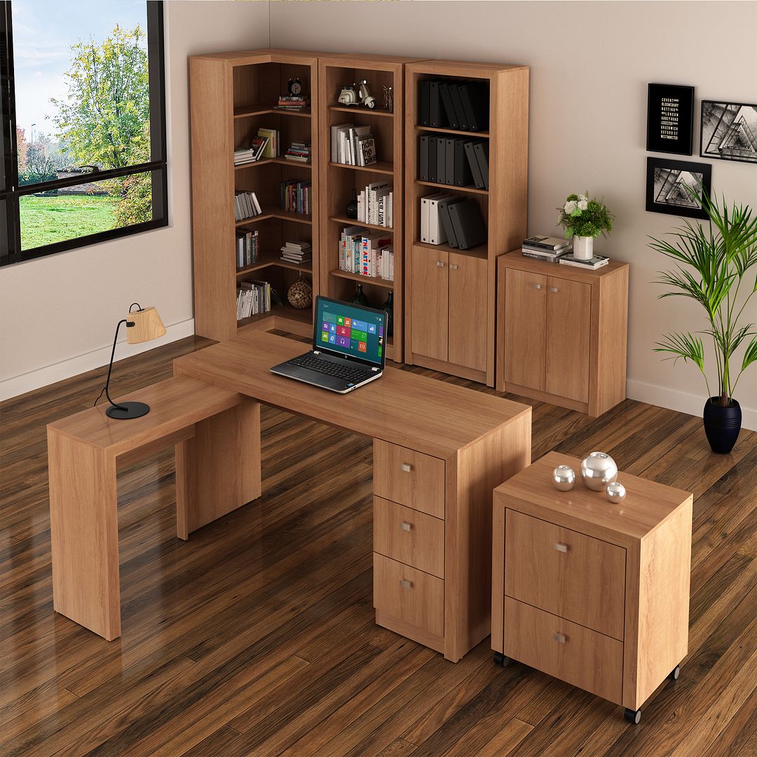 Conjunto de Escritório com Mesa, Balcão, Estante, 2 Armários, Gaveteiro MDP Amêndoa Tecnomobili