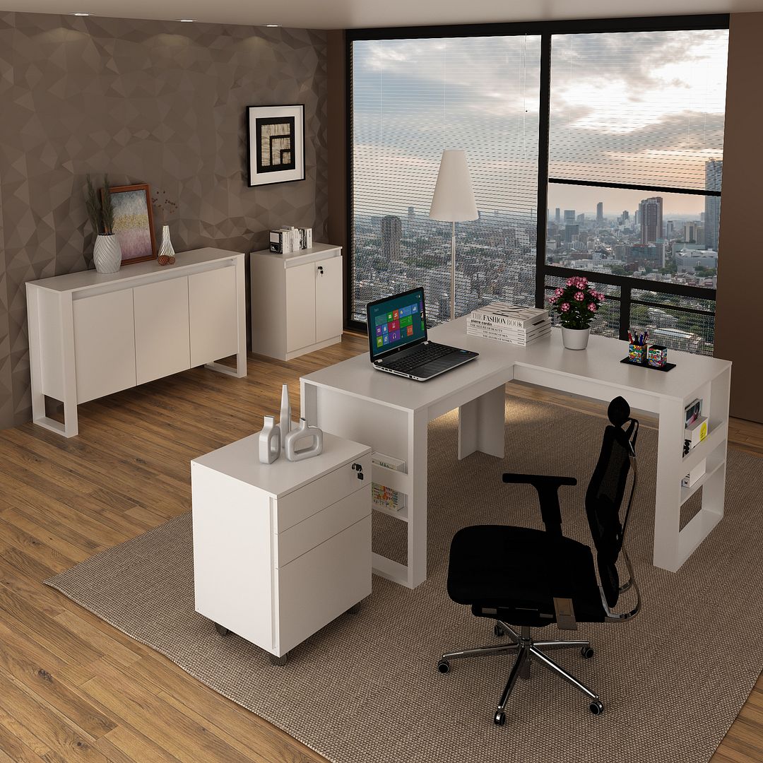 Conjunto de Escritório com Mesa em L, Balcão 3 portas, Gaveteiro e Balcão 2 Portas MDP Branco Tecnomobili