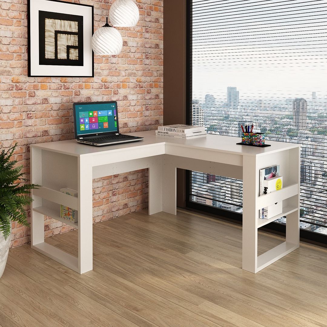 Conjunto de Escritório com Mesa em L, Balcão 3 portas, 2 Gaveteiros e 2 Balcões 60cm 2 Portas MDP Branco Tecnomobili