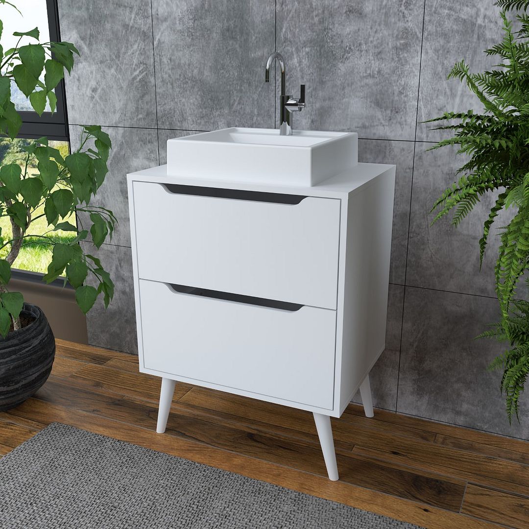 Balcão Gabinete para Banheiro 60cm com 2 Gavetas MDP Branco Pés Retrô Palito Tecnomobili