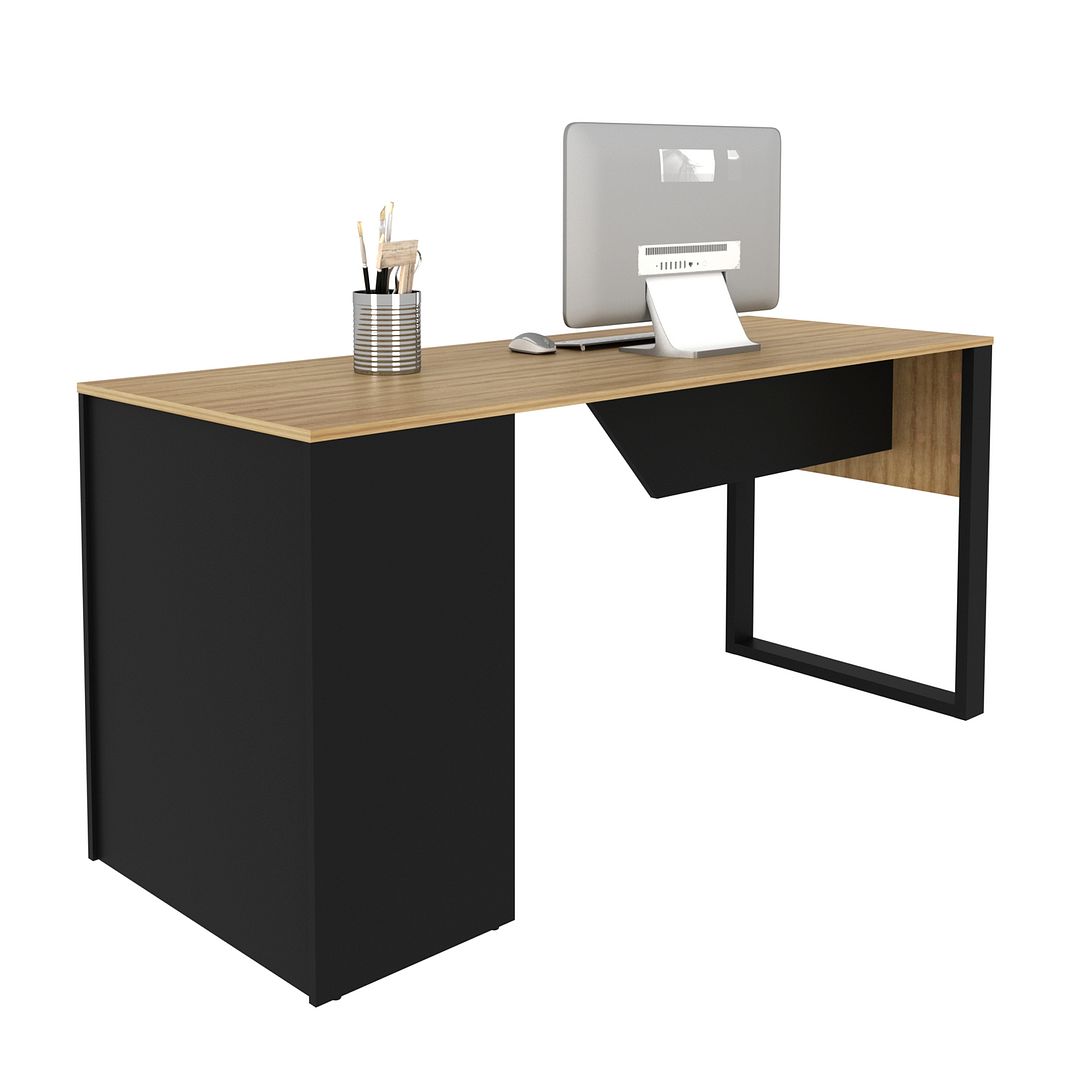 Mesa para Escritório 160cm com 2 Prateleiras MDP Reversível Amêndoa/Preto Tecnomobili