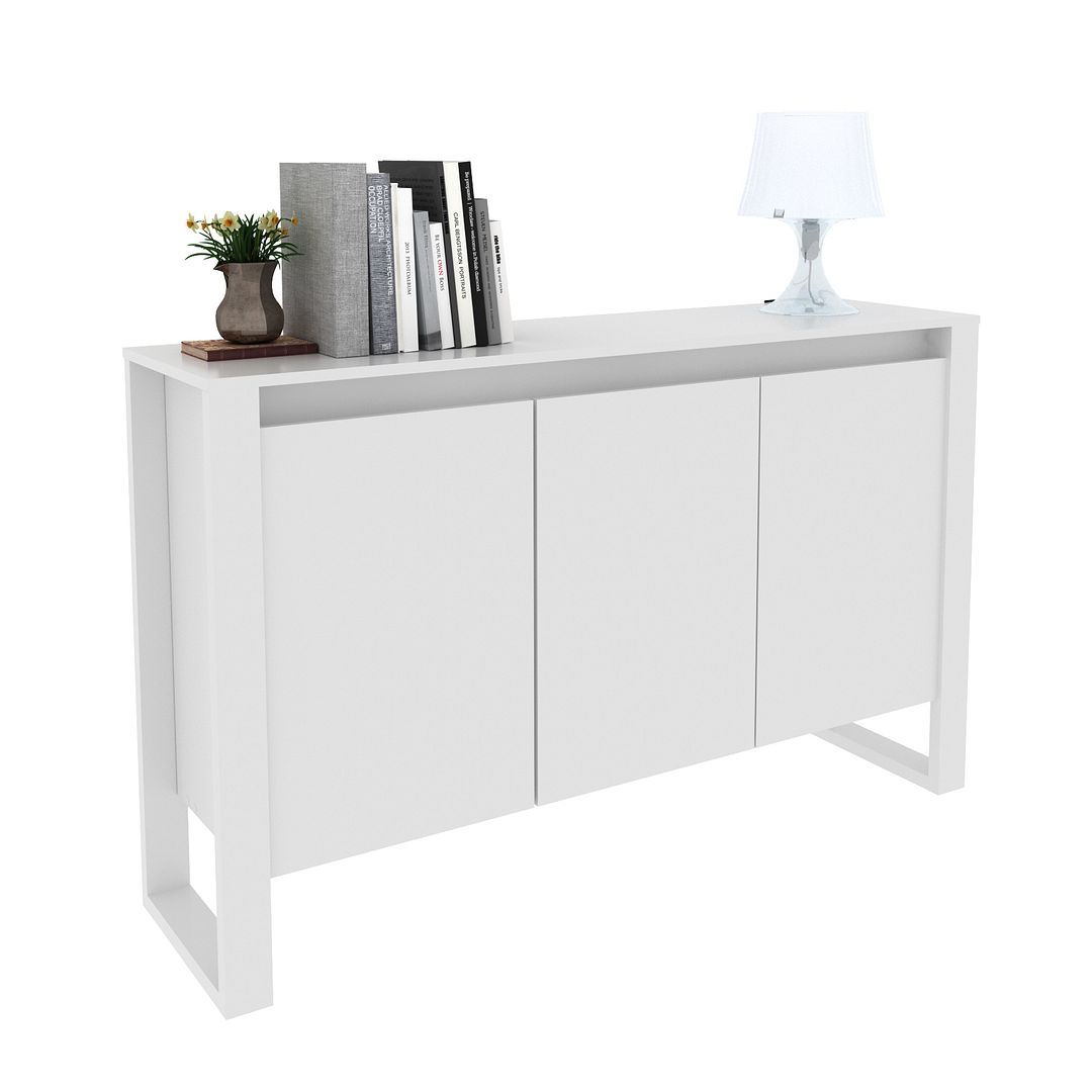 Conjunto de Escritório com Balcão 3 portas, Gaveteiros e Mesa 136cm em L com Detalhe Ripado MDP Branco Tecnomobili
