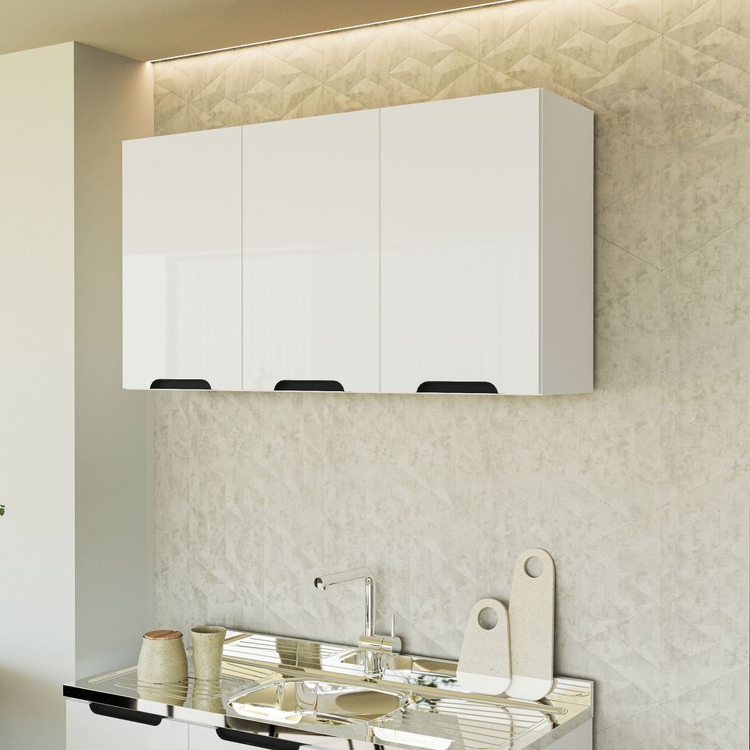 Armário Aéreo 3 Portas 120cm Com Acabamento Ff E Pintura Uv Em Mdp Politorno