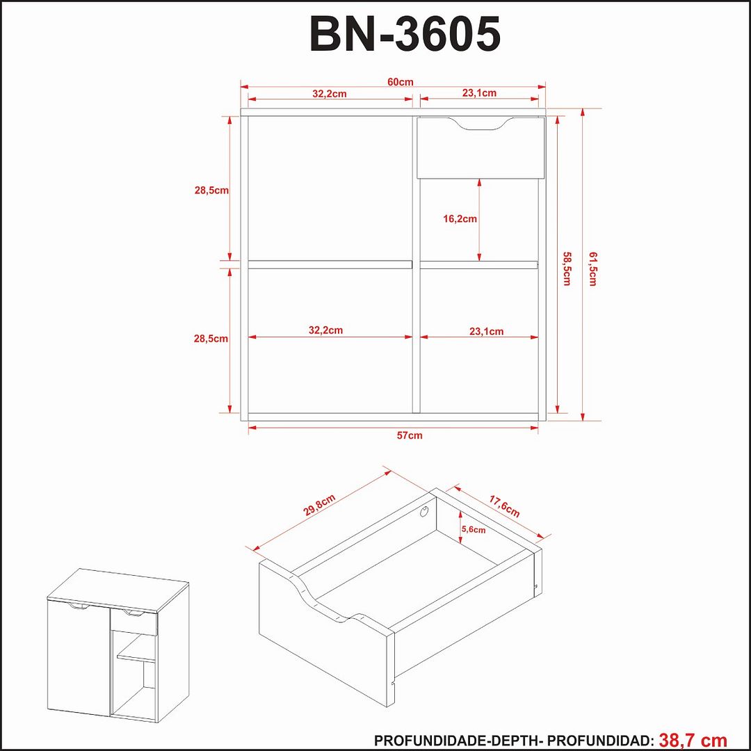 Balcão Gabinete para Banheiro Suspenso 60cm com 1 Gaveta MDP Branco Tecnomobili