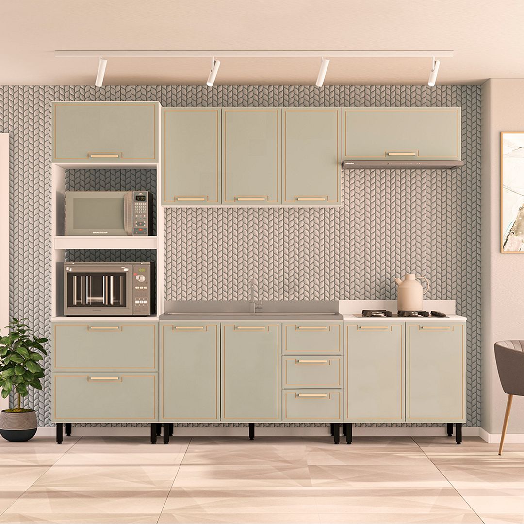 Cozinha Completa 5 Peças 225x310cm Com Torre Quente E Corrediça Telescópica Em Mdp/mdf Politorno