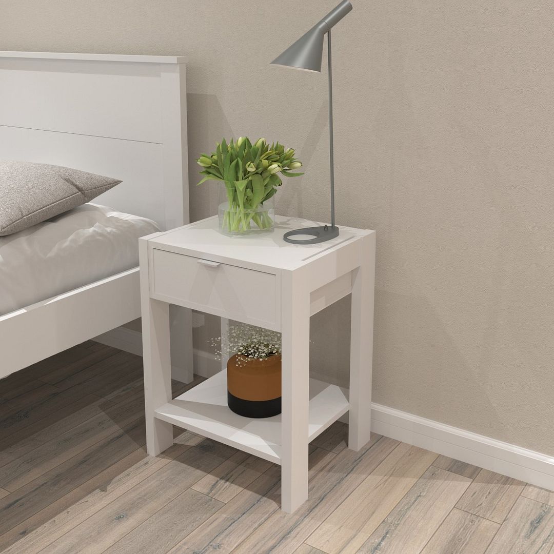 Mesa de Cabeçeira com 1 Gaveta e Tomada MDP Branco Tecnomobili