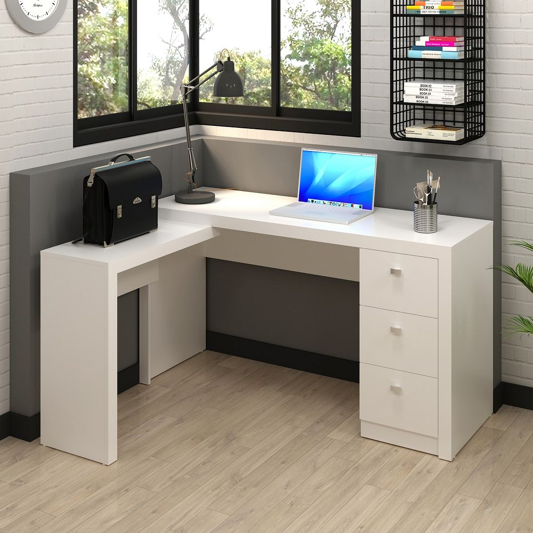 Mesa para Escritório com Apoio Lateral e 3 Gavetas MDP Branco Tecnomobili