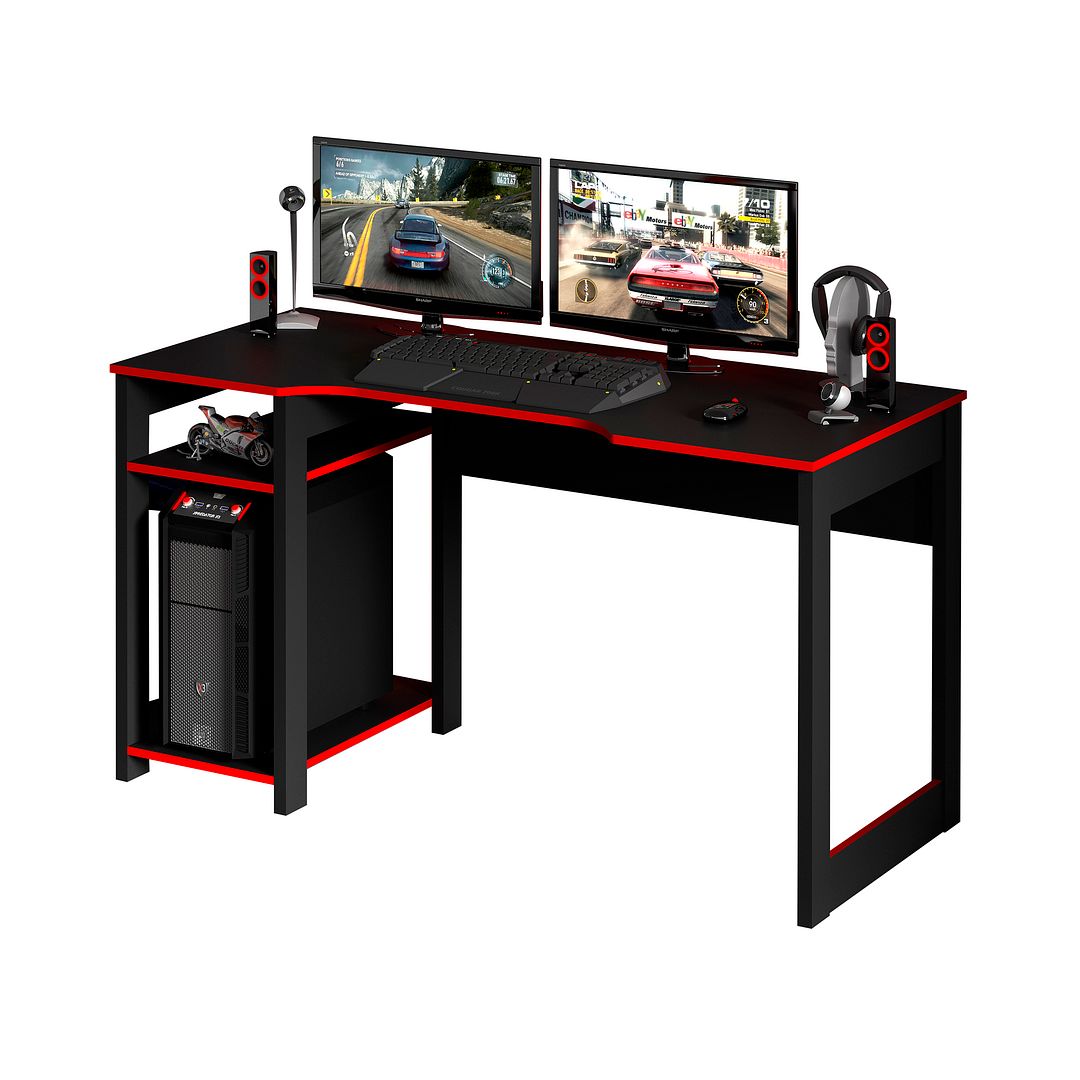 Mesa Gamer 136cm com 2 Prateleiras e Porta CPU Nicho Aberto MDP Preto/Vermelho Tecnomobili