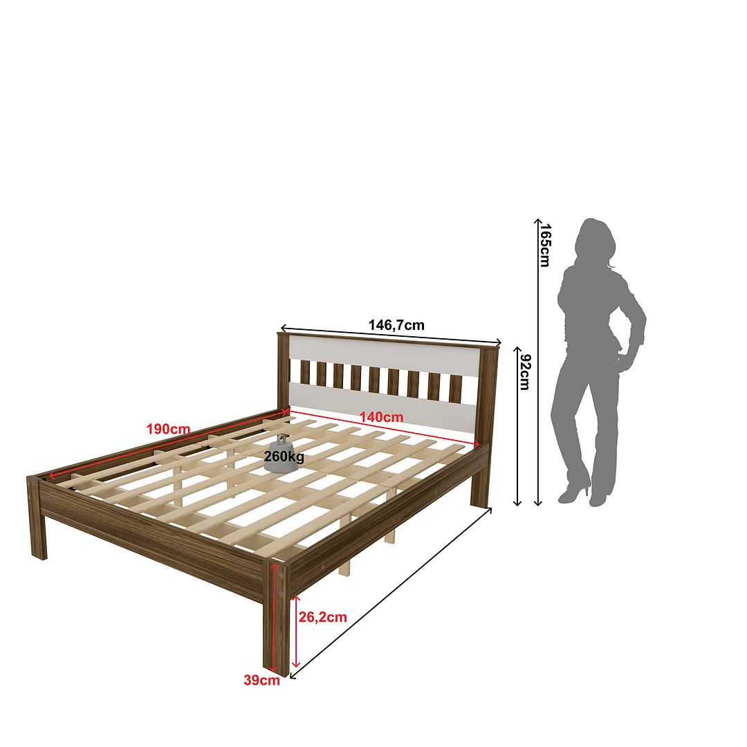 Cama de Casal Tradicional 138x188cm MDP Nogal/Branco Estrados de Eucalipto Até 260kg Tecnomobili