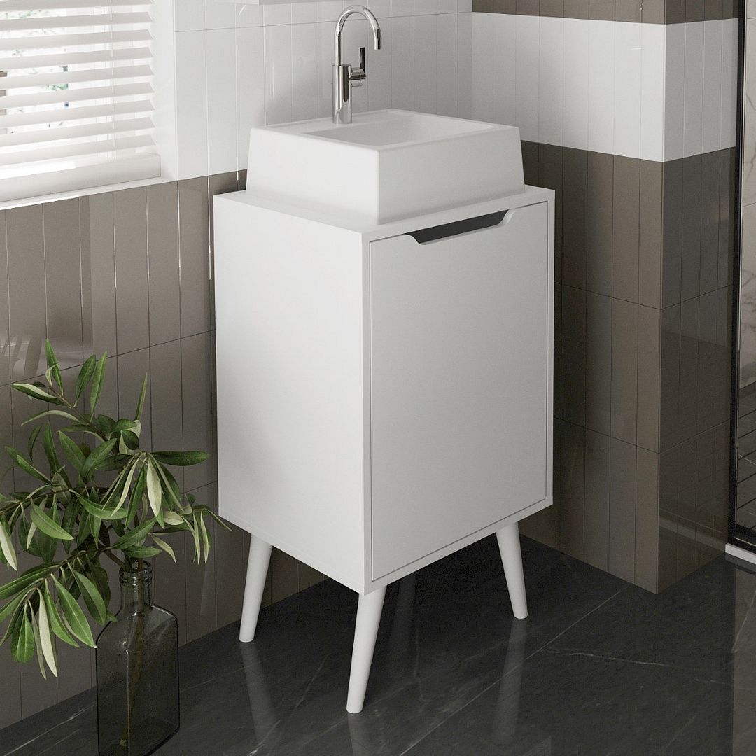 Balcão Gabinete para Banheiro 45cm com 1 Porta 1 Prateleira MDP Branco Pés Retrô Palito Tecnomobili