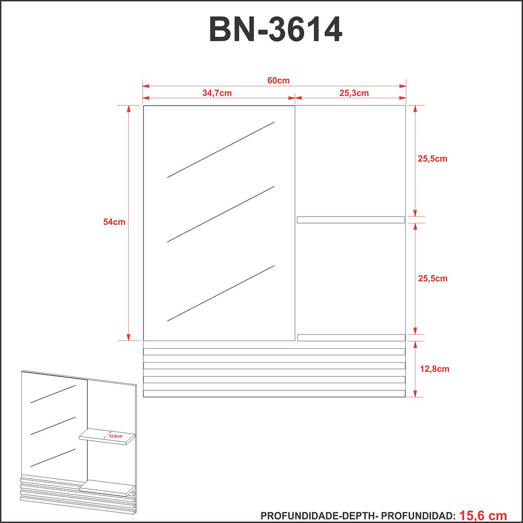 Espelho para Banheiro Suspenso 60cm com 2 Prateleiras MDP Amêndoa/Marmore/Lunar Tecnomobili