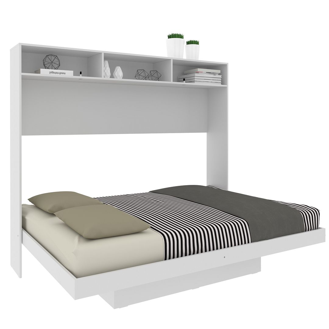 Cama Articulada Horizontal Casal de Parede com Nichos e Prateleiras MDP Branco Até 240kg Tecnomobili