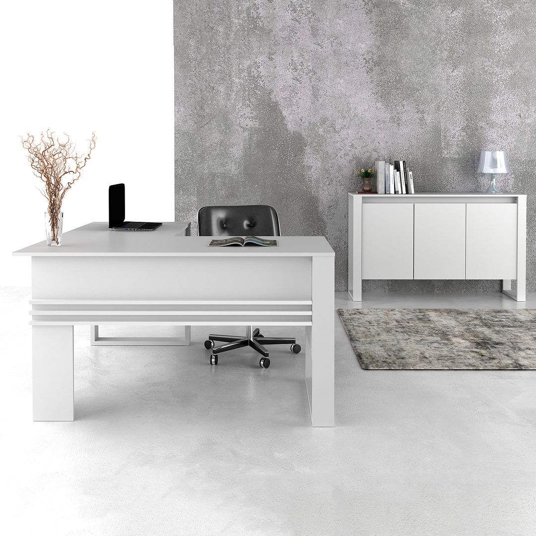Conjunto de Escritório com Mesa 136cm em L com e Balcão 136cm com 3 portas e 1 Prateleira MDP Branco Tecnomobili