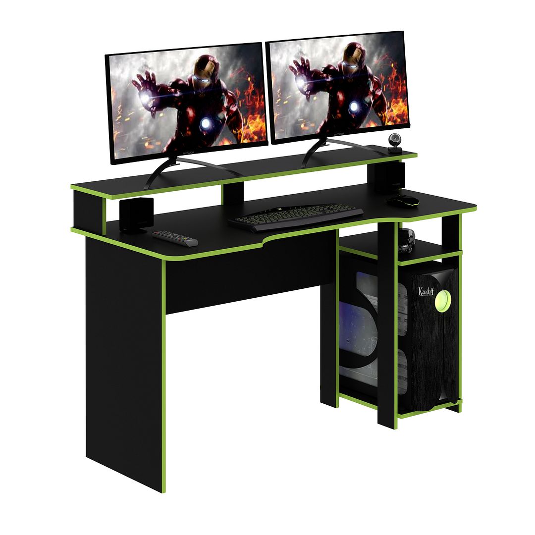 Mesa Gamer 136cm com Porta CPU Nicho Aberto MDP Preto/Verde Prateleira Auxiliar Tecnomobili