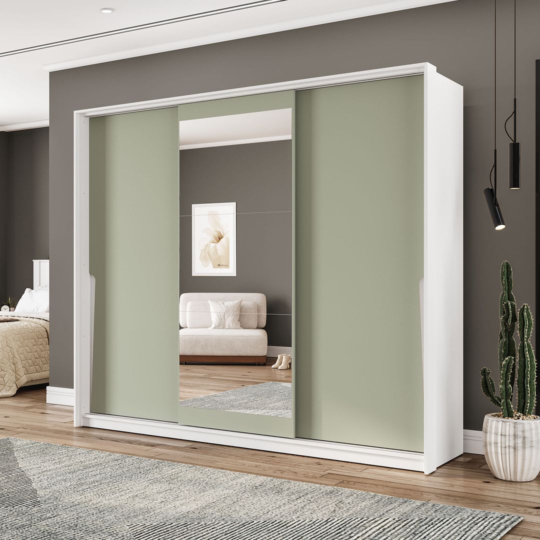Guarda-Roupa 3 Portas De Correr 4 Gavetas Com Espelho 220cm Em Mdp/mdf Politorno