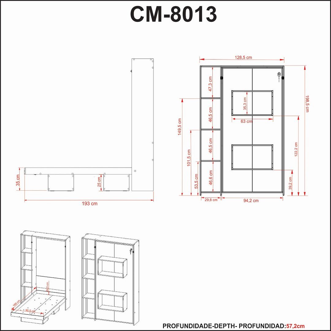 Cama Articulada Vertical Solteiro de Parede com 4 Prateleiras e 2 Nichos MDP Branco Até 110kg Tecnomobili