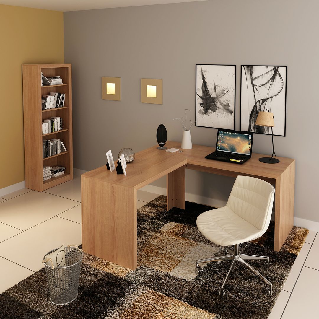 Conjunto de Escritório com Esttante 5 Prateleiras e Mesa Angular em L 157,3cm MDP Amêndoa Tecnomobili