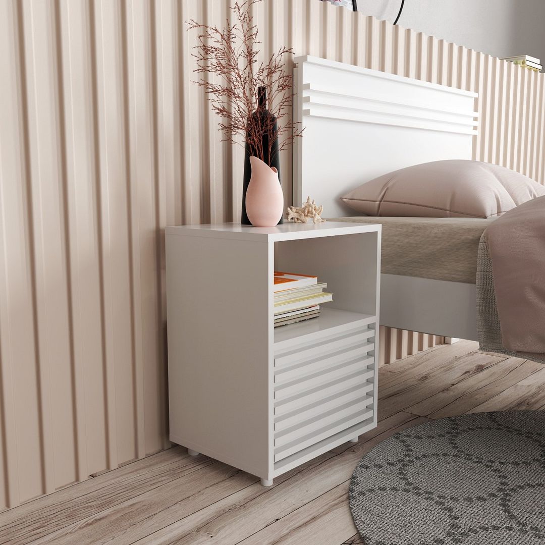 Mesa de Cabeceira para Quarto com 1 Gaveta e Detalhe Ripado MDP BrancoTecnomobili