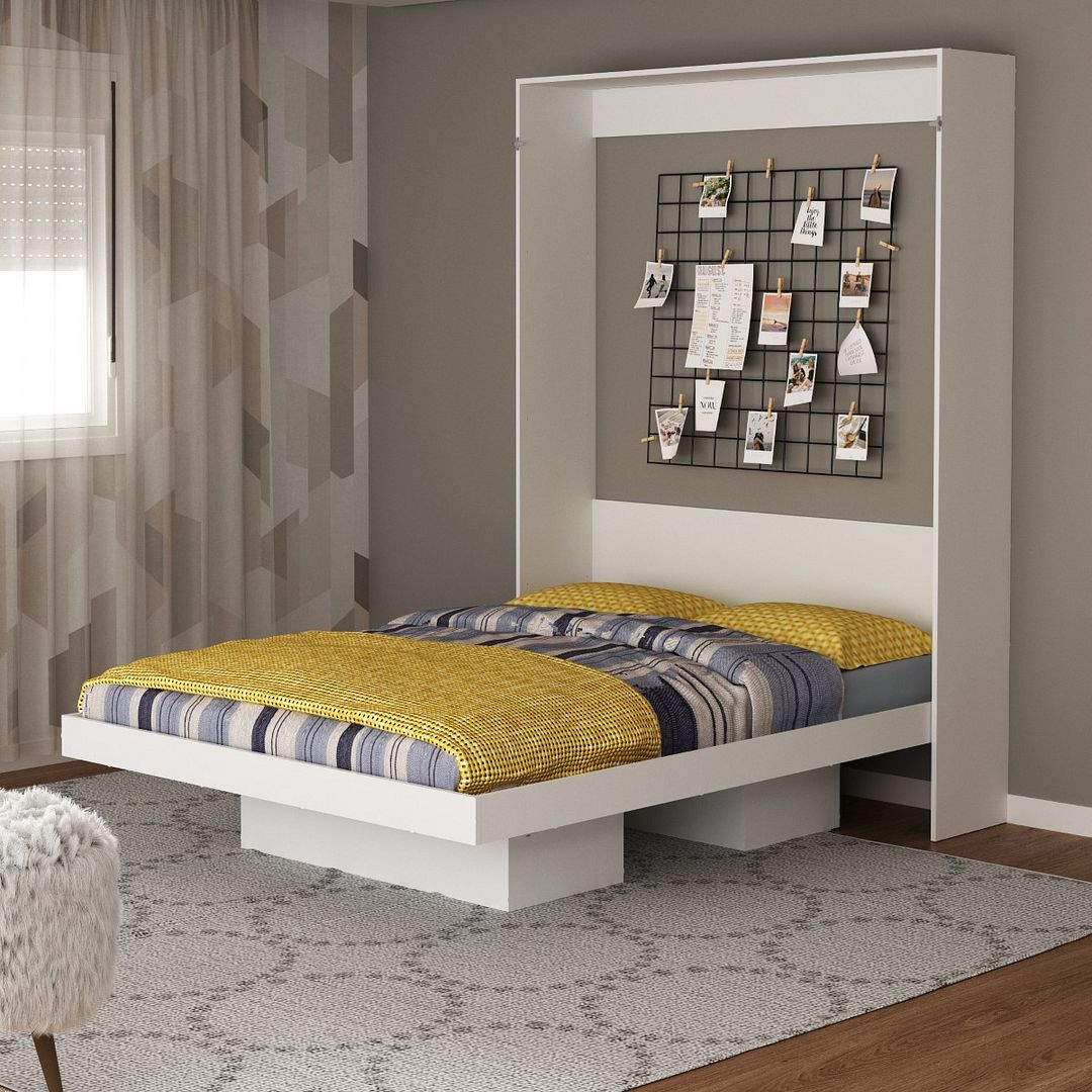 Cama Articulada Vertical Casal de Parede com 2 Nichos MDP Branco Até 240kg Tecnomobili