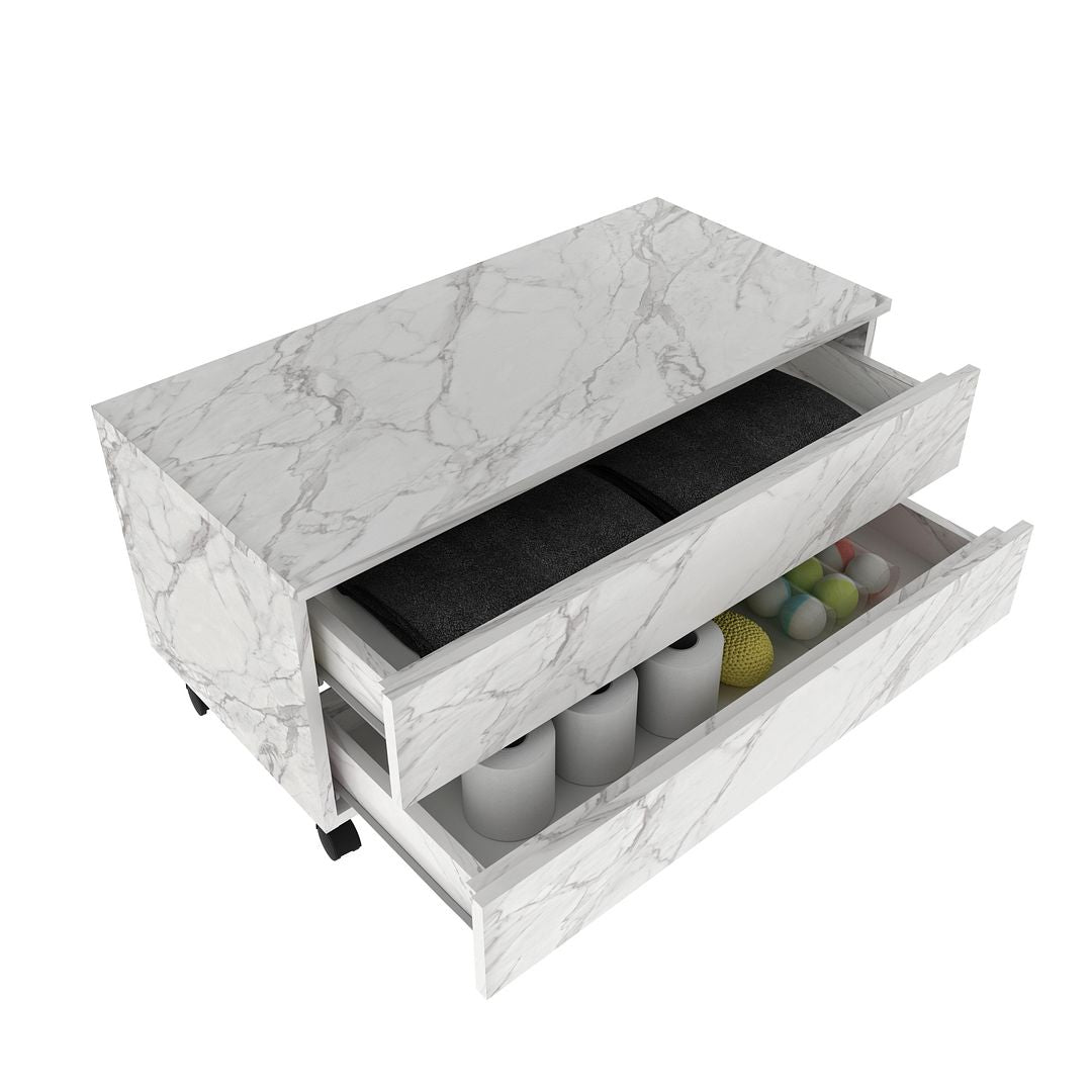Conjunto de Banheiro com Balcão Gabinete com 2 Gavetas e Espelho Suspenso 60cm com 3 Prateleiras MDP Branco