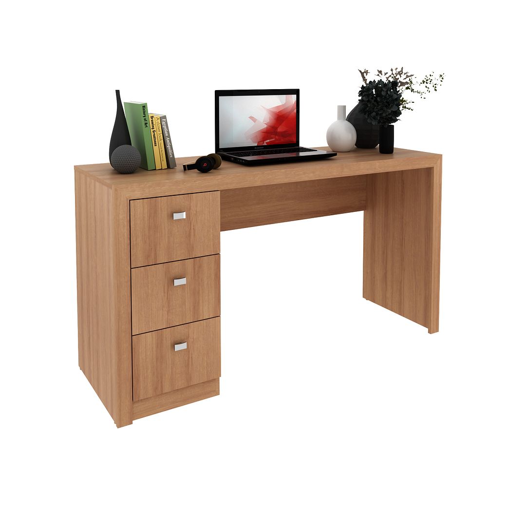 Conjunto de Escritório com Mesa Reta 3 Gavetas e 2 Estantes com 5 Prateleiras MDP Amêndoa Tecnomobili