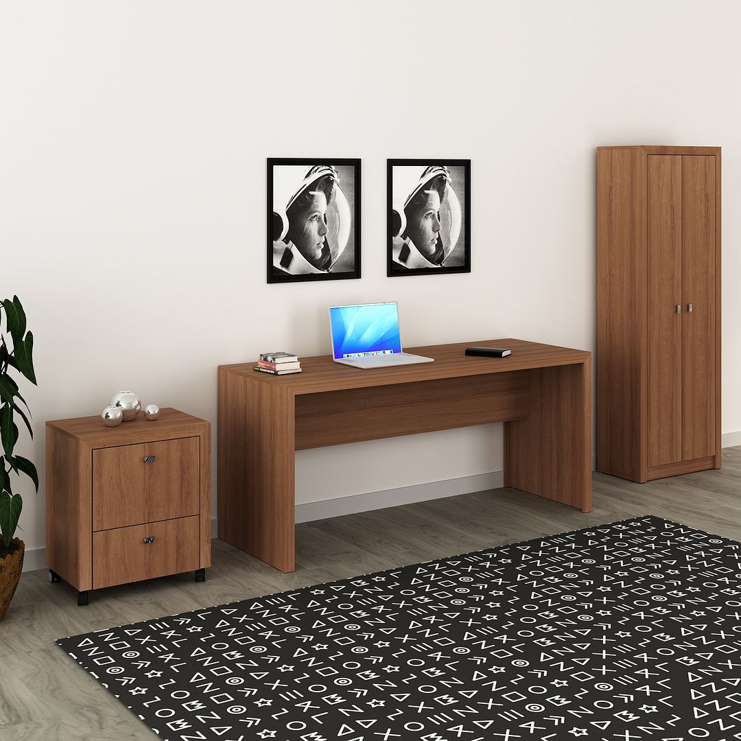 Conjunto de Escritório com Armário, Mesa 163cm e Gaveteiro 1 Gaveta MDP Amêndoa Tecnomobili