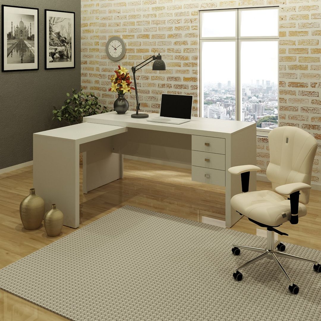 Mesa para Escritório com Mesa de Apoio e 3 Gavetas 158cm MDP Branco Tecnomobili