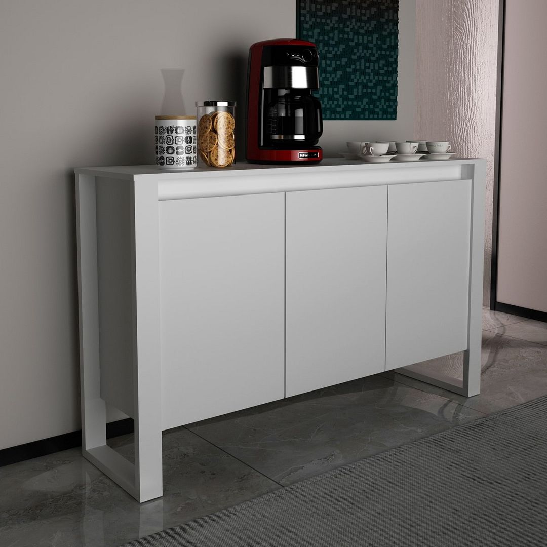 Conjunto de Escritório com Mesa em L, Gaveteiro, Balcão 136cm com 3 portas e 1 Prateleira e Armário MDP Branco Tecnomobi