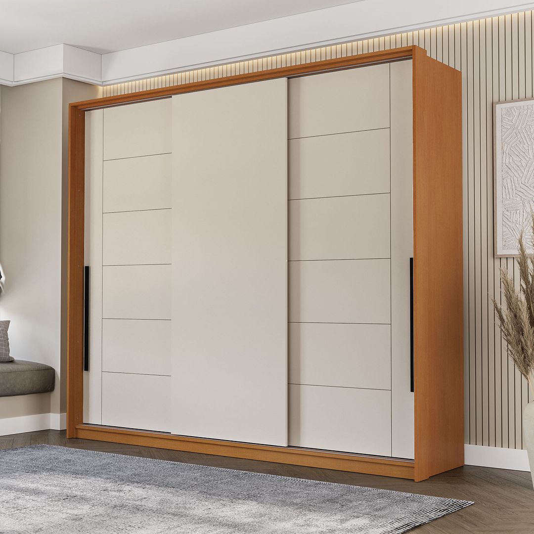 Guarda-Roupa 3 Portas De Correr 4 Gavetas 220cm Com Corrediça Telescópica Em Mdp/mdf Politorno