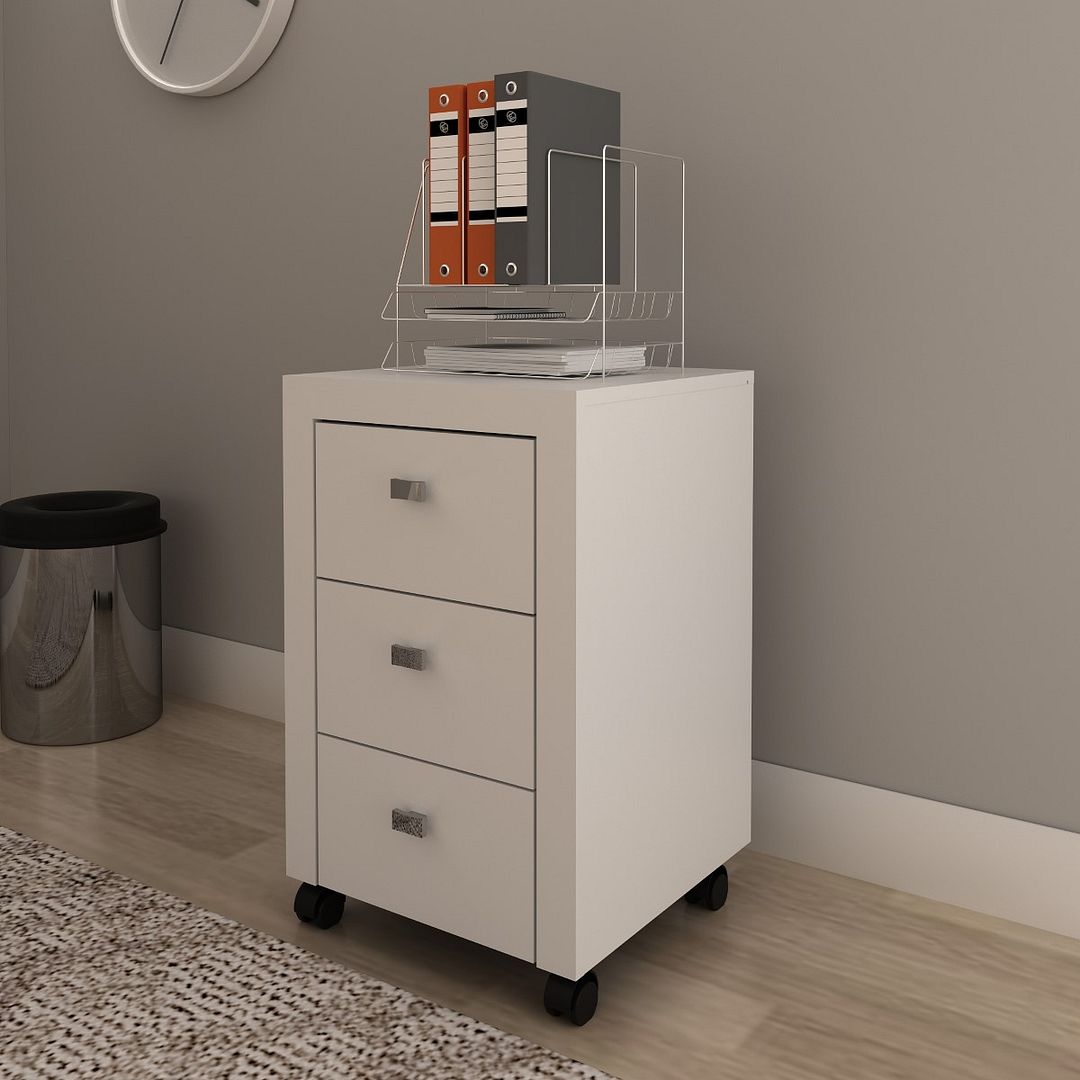 Conjunto de Escritório com Balcão, Estante, Gaveteiro , Balcão com 3 portas e Mesa 127cm MDP Branco Tecnomobili