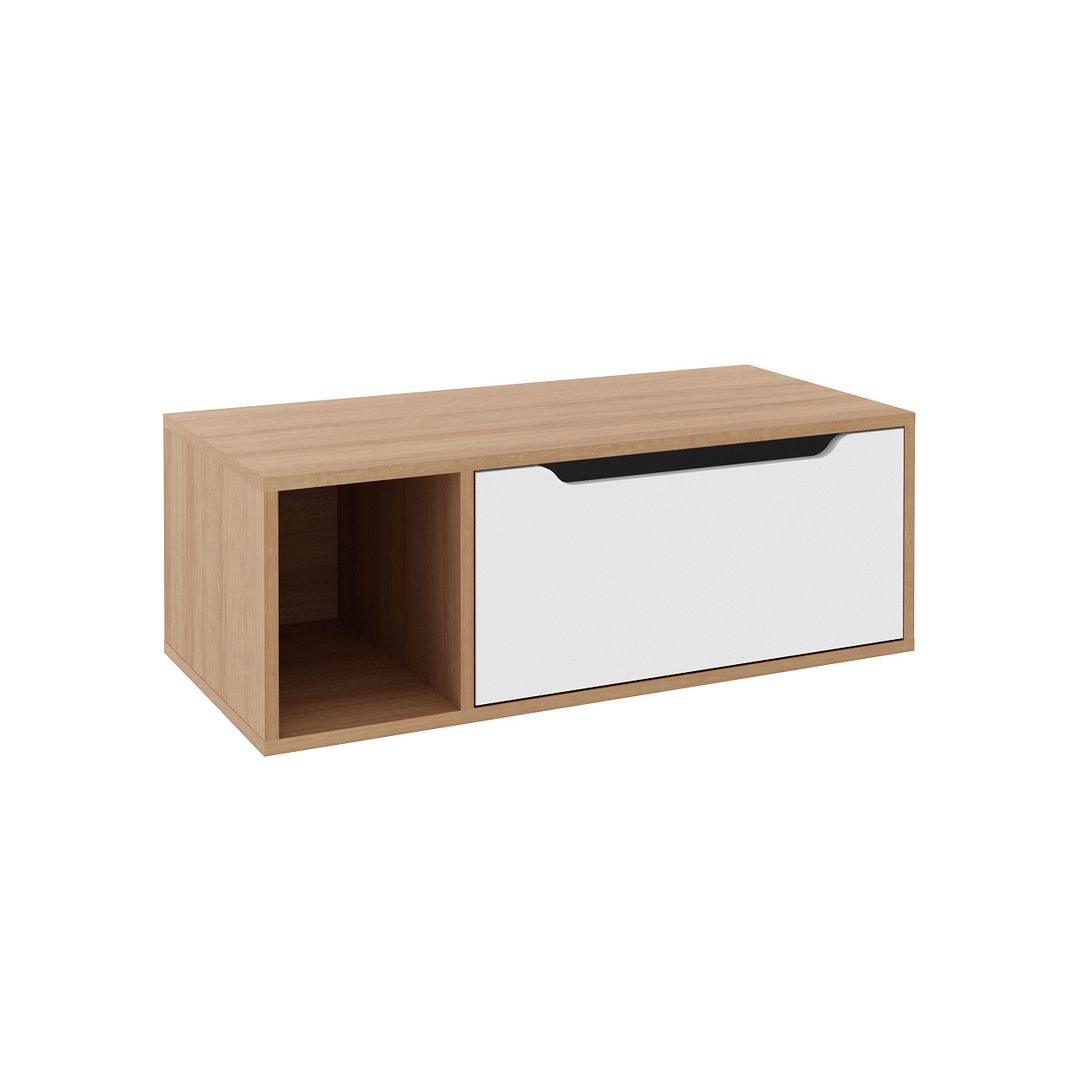 Conjunto de Banheiro com Balcão Gabinete 2 Gavetas e Balcão Gabinete Suspenso 1 Porta e Nicho MDP Amendoa/Branco