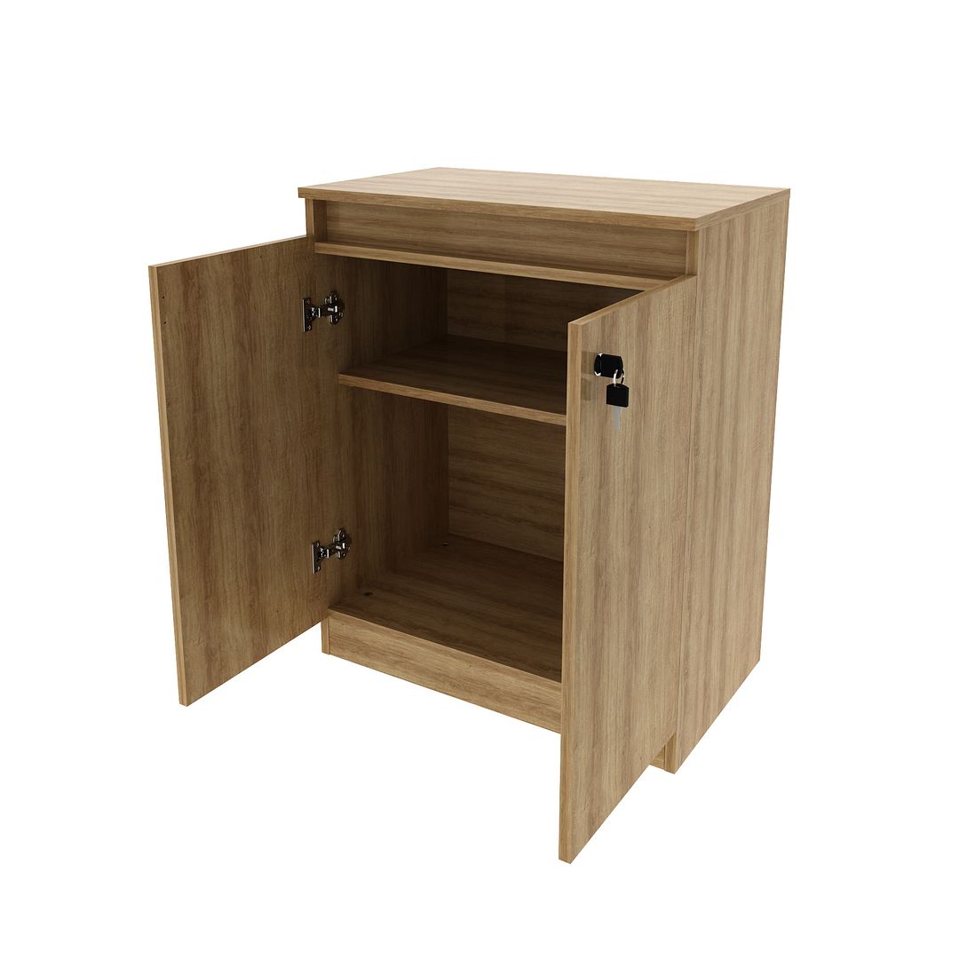 Conjunto de Escritório com Balcão 60cm, Armário 2 Portas e Chave e Escrivaninha com Gaveta MDP Amêndoa Tecnomobili