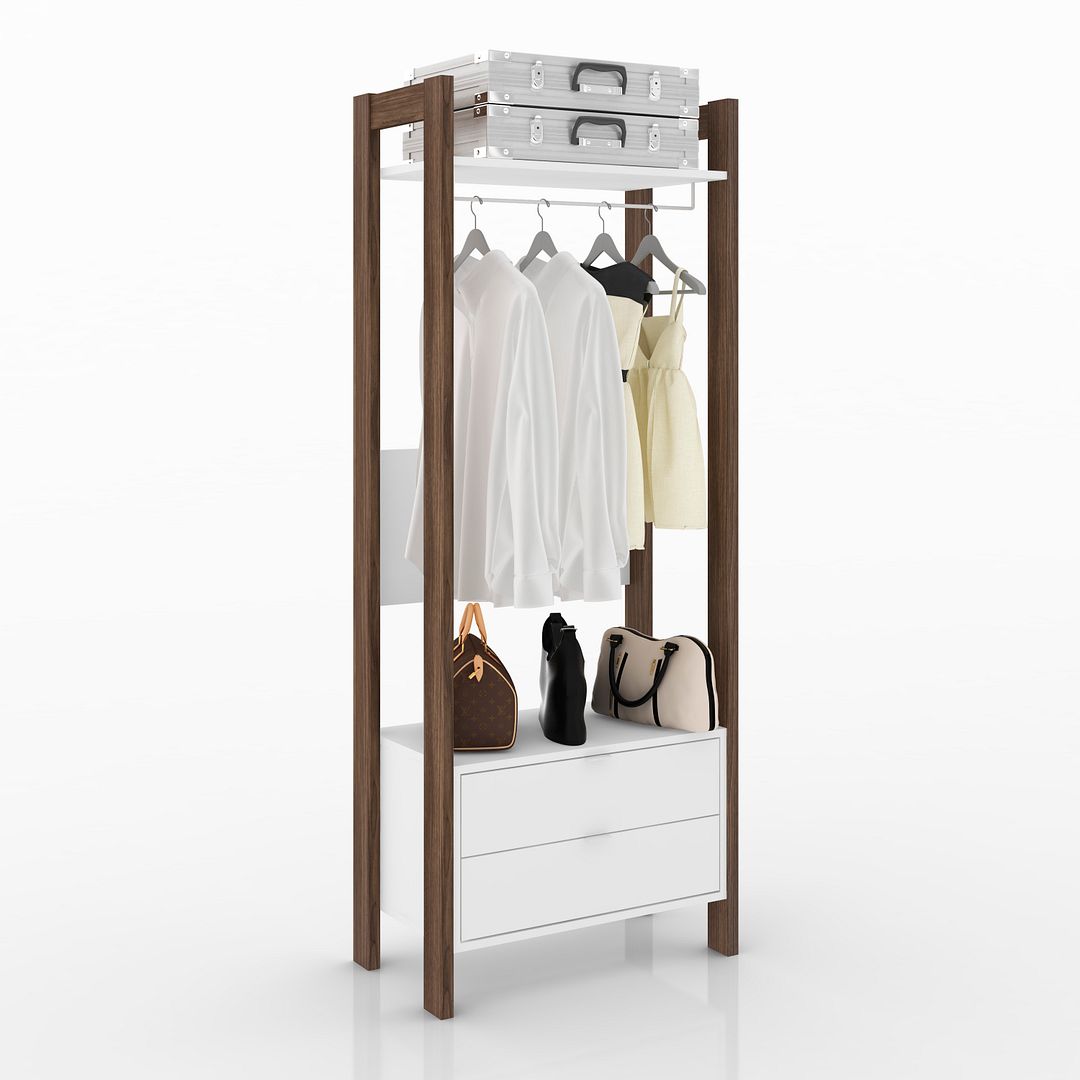 Armário Closet com 2 Gavetas Cabideiro e 1 Prateleira MDP Branco/Nogal Tecnomobili